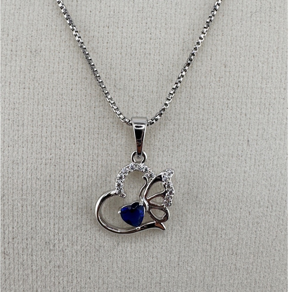 Blue Heart Butterfly Pendant Necklace White Gold Plated Box Chain Jewelry